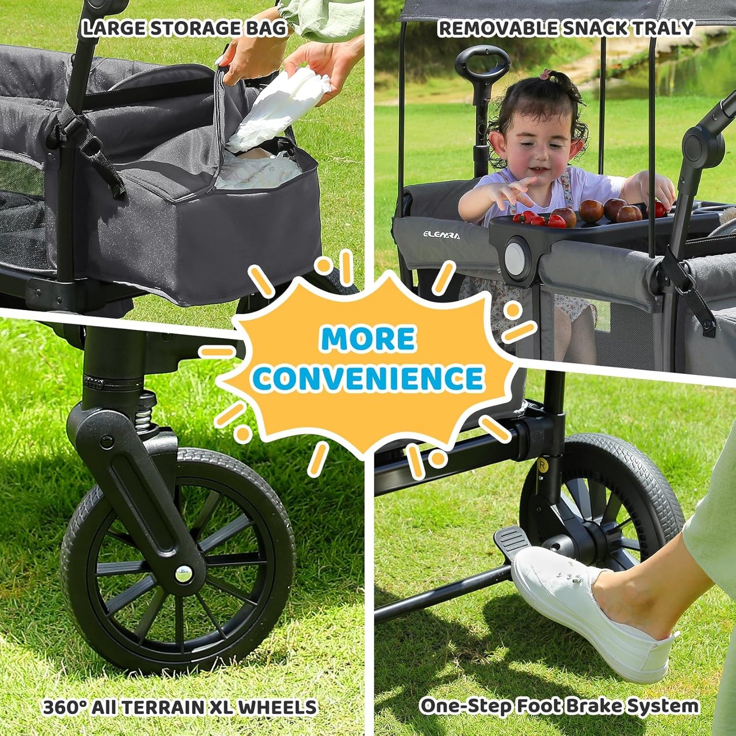 ELEMARA Stroller Wagon, 2 Seat Stroller for 2 Kids, Premium All Terrain Stroller for Kids w/Removable Canopy, Adjustable Push/Pull Handle, Large Storage Bag, Black