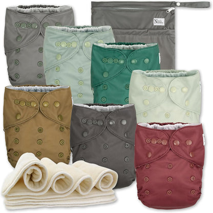 Nora's Nursery AWJ Cloth Diapers 7 Pack with 1 Wet Bag - Waterproof Cover, Washable, Reusable & One Size Adjustable Pocket Diapers for Newborns and Toddlers - Dahlia