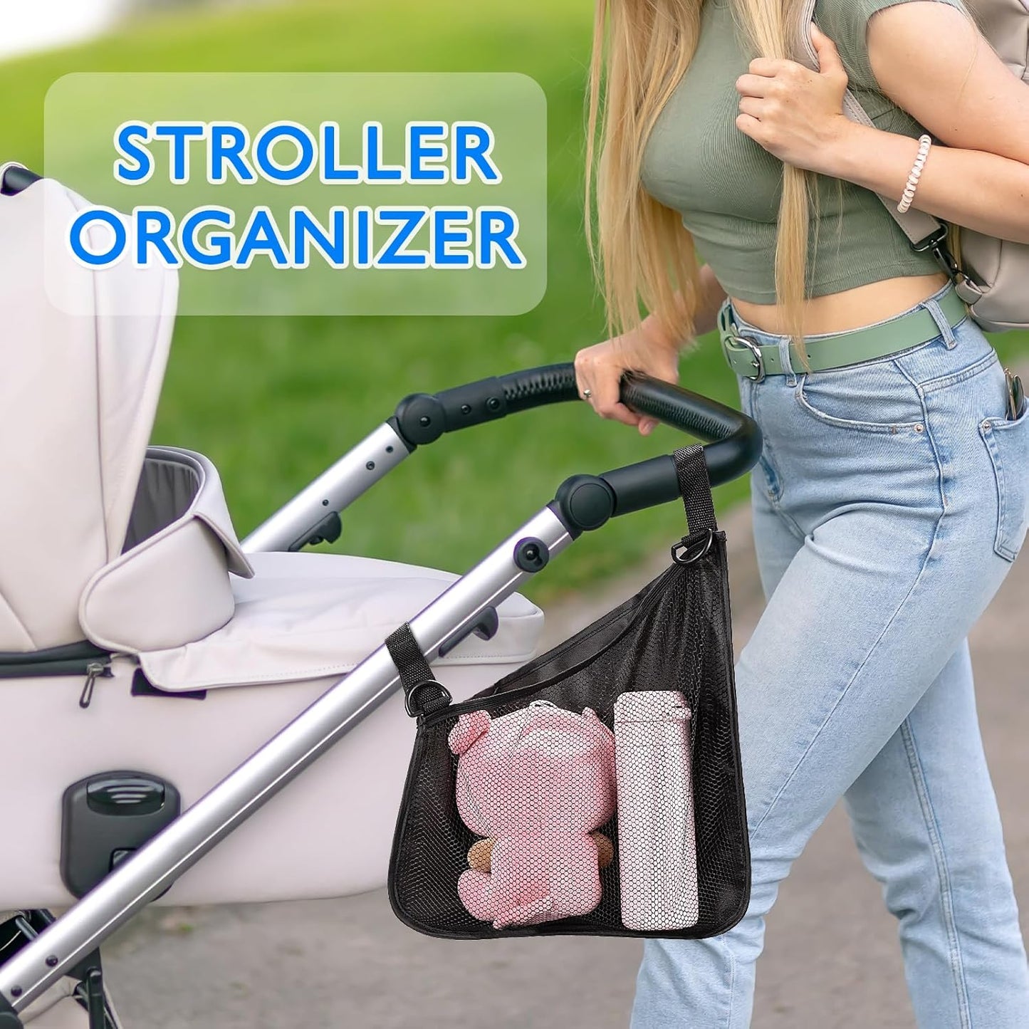 Stroller Side Bag - Bike/Stroller Organizer, Hook & Loop Easy Attach - Mesh Design, Non-Slip Straps, mom Cozy Stroller Organizer, Stroller Accessories, Black (BLACK 2PCS)