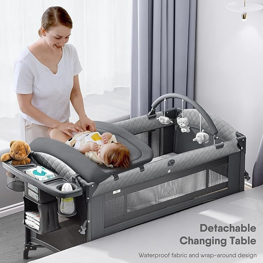 Obee Odee 4 in 1 Baby Bassinet, Pack and Play, Bedside Crib Sleeper, Diaper Changer - Comes with Mattress, Mosquito Net, Bottom Storage and Toy Bar for Newborn to Toddles