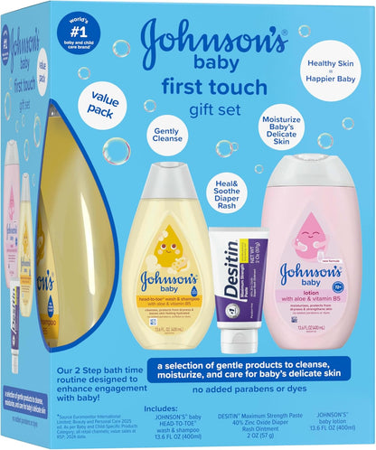Johnson's First Touch Baby Essentials Gift Set with Body Wash & Shampoo, Body Lotion, & Zinc Oxide Diaper Rash Cream for Baby's Delicate Skin, Hypoallergenic, No Parabens or Dyes, 3 Items