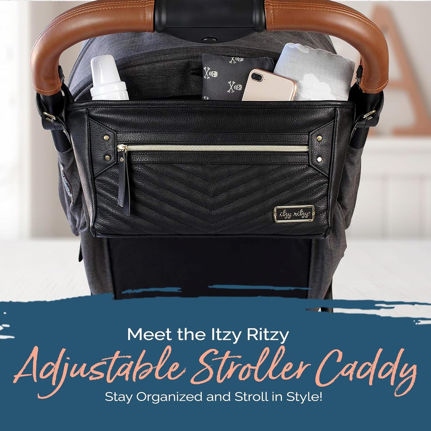 Itzy Ritzy Adjustable Stroller Caddy and Organizer Bag Featuring Front Zippered Pocket, 2 Built-In Interior Pockets & Adjustable Straps to Fit Nearly Any Stroller (Coffee and Cream)