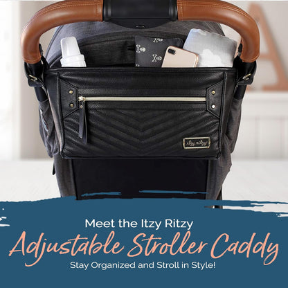 Itzy Ritzy Adjustable Stroller Caddy and Organizer Bag Featuring Front Zippered Pocket, 2 Built-In Interior Pockets & Adjustable Straps to Fit Nearly Any Stroller (Coffee and Cream)