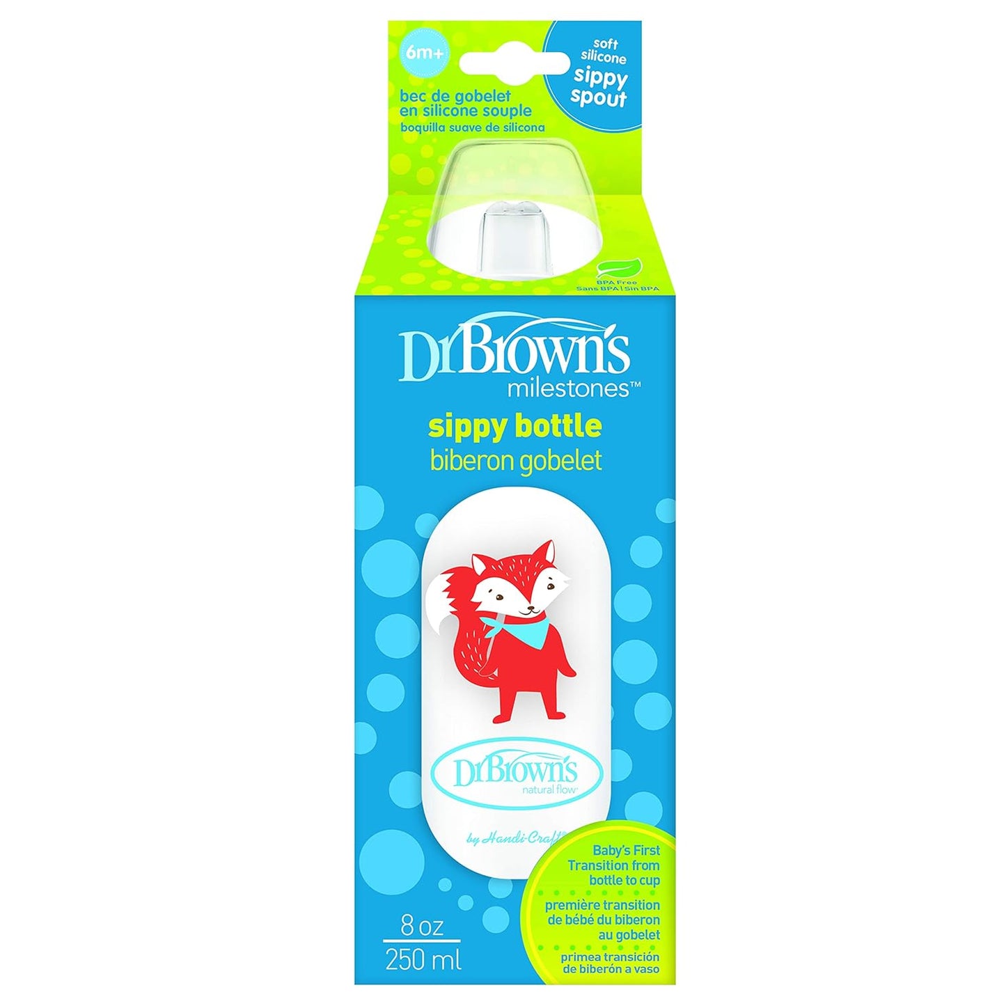 Dr. Brown's Milestones Narrow Sippy Bottle, 100% Silicone Soft Sippy Spout, 8oz/250mL, Flamingo & Bunny, 6m+
