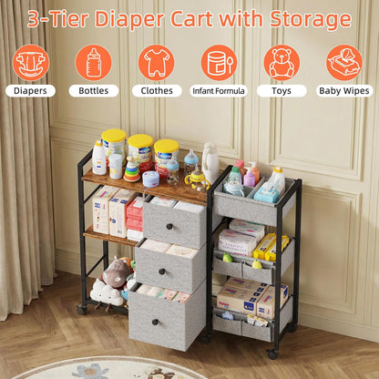GYIIYUO Diaper Caddy Cart with Storage Fabric Drawers/Open Shelves, Baby Caddy Organizer, 3-Tier Rolling Utility Cart on Wheels for baby nursery essentials,bedside,makeup(Rustic Brown)
