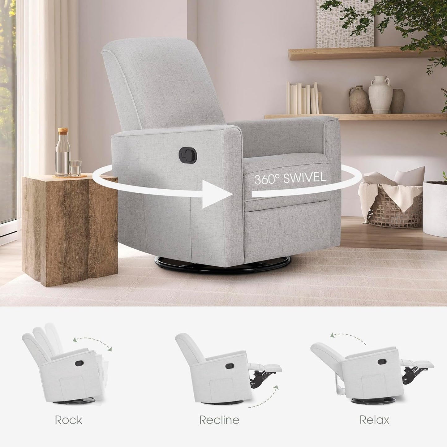 Evolur Raleigh Upholstered Manual Glider Recliner– Rocking & 360° Swivel with Smooth Glide – Greenguard Gold & FSC Certified – Modern Nursery and Living Room Chair in Light Sand