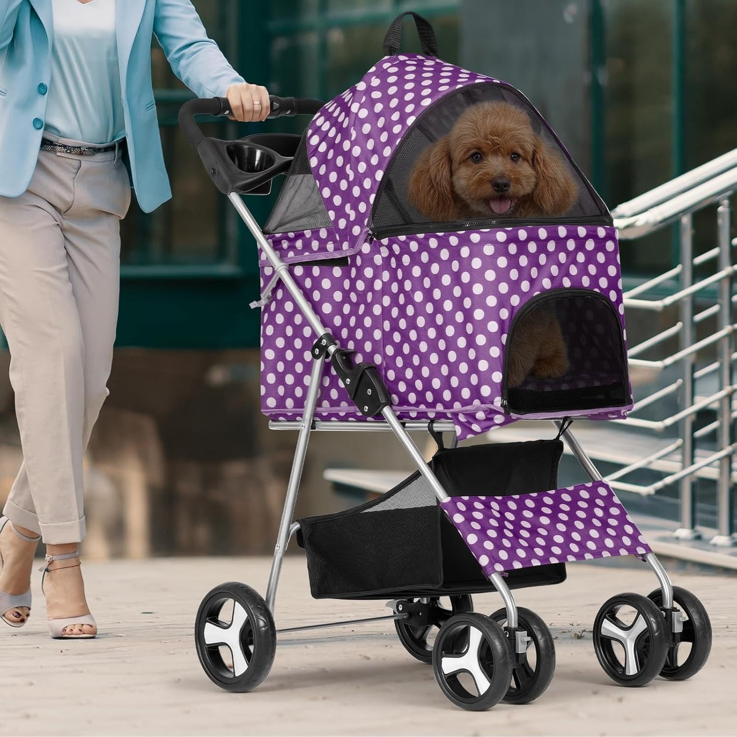 Magshion Compact Pet Stroller for Small-Medium Dogs/Cats up to 22lbs, 4-Wheel Lightweight Umbrella Shaped Portable Puppy Travel Jogger with Breathable Mesh, Cup Holder & Rear Storage, Black