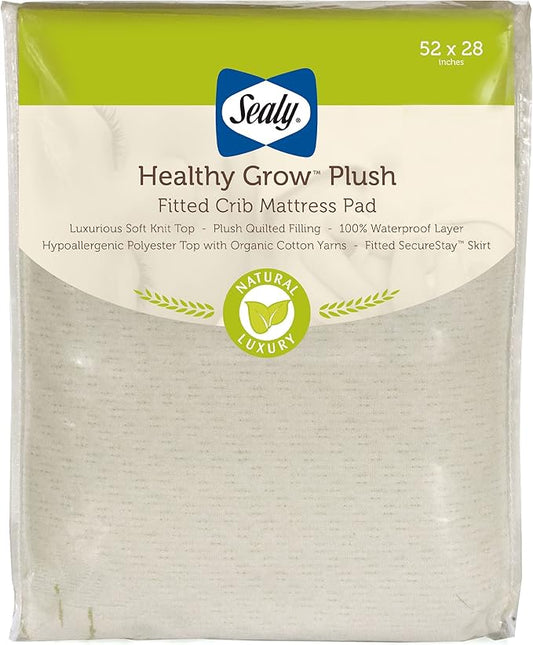 Sealy Baby Healthy Grow Plush Fitted Waterproof Infant Crib Mattress Protector Pad and Toddler Bed Cover, Organic Cotton and PolyBlend Top, Machine Washable and Dryer Friendly, 52” x 28”- White
