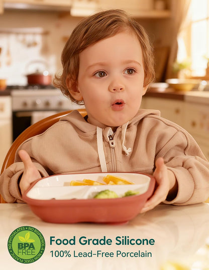 BABELIO Powerful Suction Plates for Baby and Toddler, 100% Food Grand Silicone, Divided, BPA Free, Microwave & Dishwasher Safe, Stay Put, 3 Pack