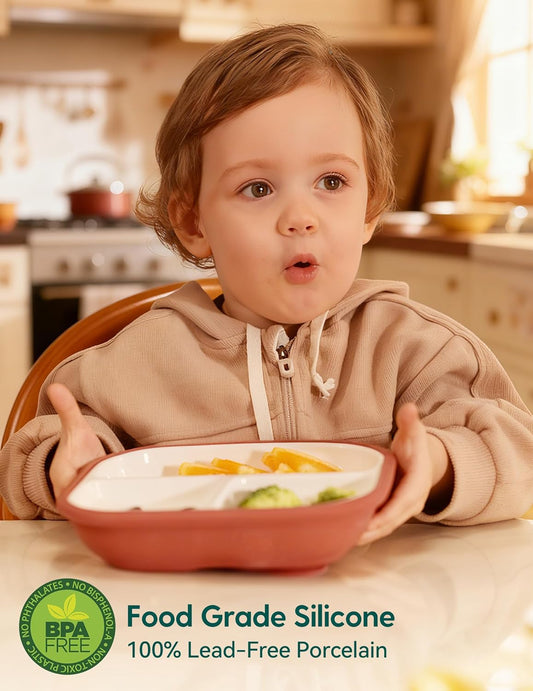 BABELIO Powerful Suction Plates for Baby and Toddler, 100% Food Grand Silicone, Divided, BPA Free, Microwave & Dishwasher Safe, Stay Put, 3 Pack