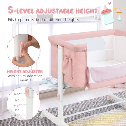 BABY JOY Bassinet Bedside Sleeper, 3 in 1 Folding Crib w/Adjustable Height, Mattress, Lockable Wheels, Storage Pocket & Carry Bag for Infant Newborn, Stationary & Rock, Portable Baby Bassinet (Grey)