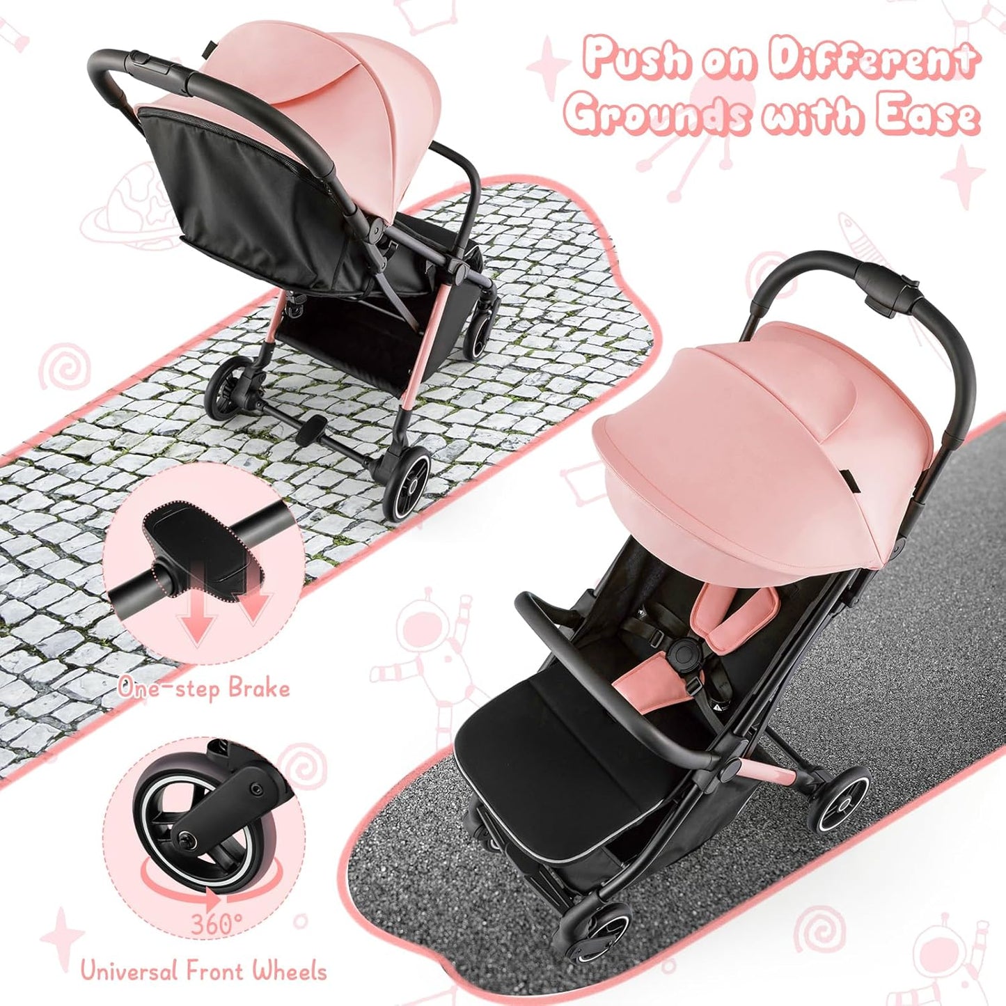 HONEY JOY Lightweight Baby Stroller, Compact Travel Stroller for Airplane, Fits Airplane Cabin & Overhead, One-Hand Gravity Fold, Self-Standing Toddler Stroller w/Adjustable Backrest/Canopy(Pink)