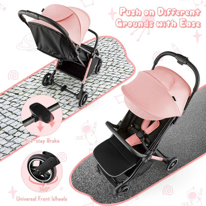HONEY JOY Lightweight Baby Stroller, Compact Travel Stroller for Airplane, Fits Airplane Cabin & Overhead, One-Hand Gravity Fold, Self-Standing Toddler Stroller w/Adjustable Backrest/Canopy(Pink)