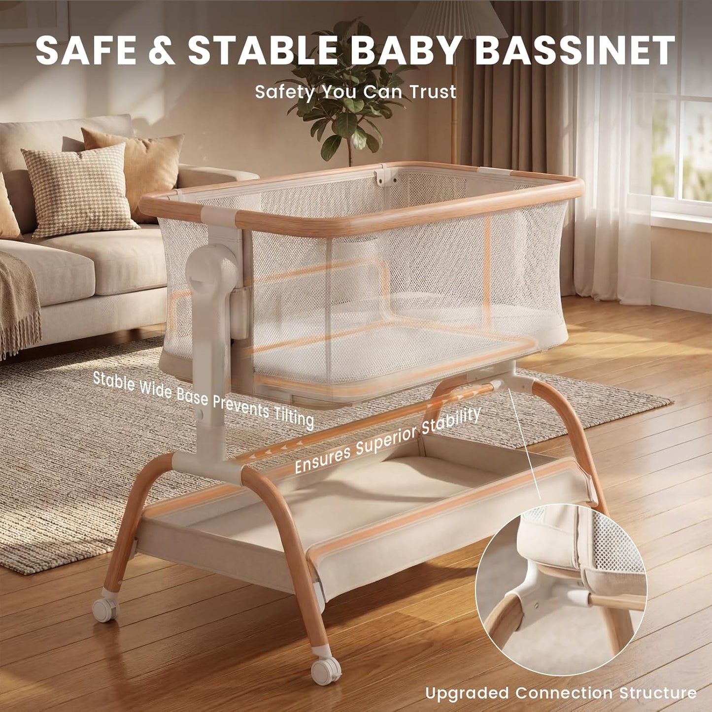 3 in 1 Baby Bassinet,Rocking Bassinets Bedside Sleeper with 6 Adjustable Heights,Breathable Full-Mesh,Comfortable Mattress & Lockable Wheels,Stable Rolling Portable Crib for Newborns(Gray) | Breathable Full Mesh, V-Shaped Structure