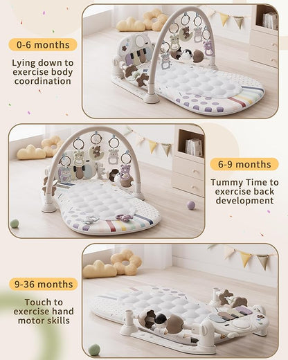 Jovow Baby Gym Play Mat with Detachable Musical Piano, Light Up Activity Center with 4 Rattles & Glowing Night Light, Educational Sensory Toys for Newborns 0-12 Months
