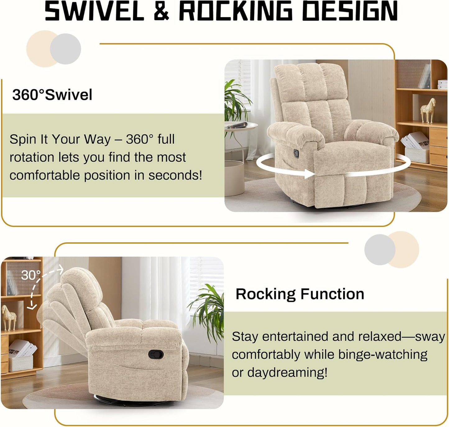 Korser Recliner Chair, Swivel Rocker Recliner Chair for Adults, Small Recliners for Small Spaces, Upholstered Manual Recliner with Side Pockets, Nursery Rocking Chair for Living Room, Chenille, Beige