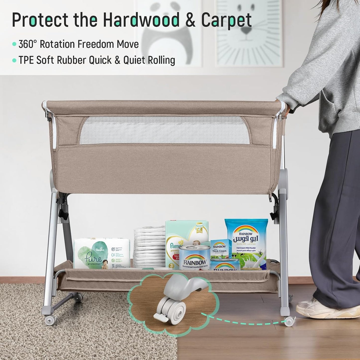 Cowiewie Bassinet Bedside Sleeper, Baby Bassinet with 7 Adjustable Height, Bedside Bassinet for Baby with Storage, Breathable Mesh & Mattress, Portable Bassinet Easy Folding (Pyramid Light Gray)