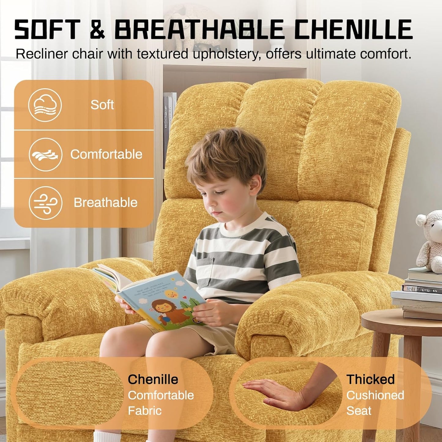 Korser Recliner Chair, Swivel Rocker Recliner Chair for Adults, Small Recliners for Small Spaces, Upholstered Manual Recliner with Side Pockets, Nursery Rocking Chair for Living Room, Chenille, Beige