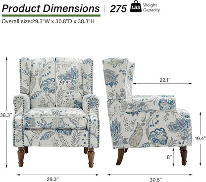 Swivel Rocker Recliner Chair, Manual Nursery Glider Recliner, Floral Fabric Wingback Accent Chair with Adjustable Backrest & Footrest for Small Spaces Living Room Bedroom (Plants Floral, Set of 1)
