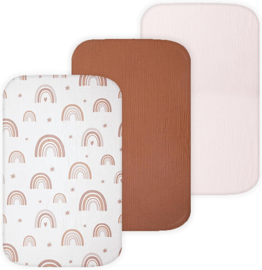 Muslin Bassinet Sheets for Angelbliss, Cowiewie, Amke, Jimglo, Suihuooo, Wayfong Baby Bassinet Bedside Sleeper by TansyPanda, 3PC, 20×33in, Ultra Soft, Breathable, Snug Fit, Unisex Boys Girls, Maadi