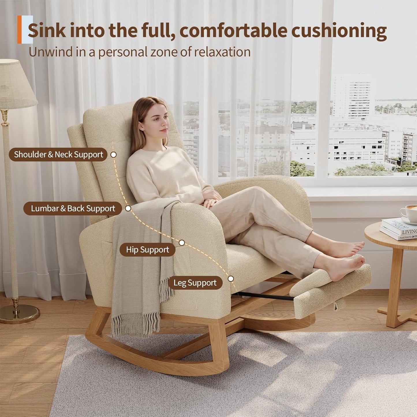 GarveeHome Nursery Rocking Chair with Adjustable Footrest, Teddy Fleece Upholstery, Sturdy Wooden Legs & High Backrest, Comfortable Glider Rocking Chair for Living Room or Bedroom, Pink