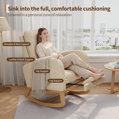 GarveeHome Nursery Rocking Chair with Adjustable Footrest, Teddy Fleece Upholstery, Sturdy Wooden Legs & High Backrest, Comfortable Glider Rocking Chair for Living Room or Bedroom, Pink