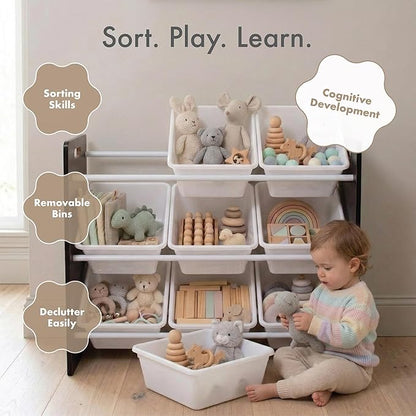 Humble Crew Toy Storage Organizer with 9 Removable Storage Bins for Kids Playroom, 3-Tier Toddler Toy Organization and Storage, Espresso/White