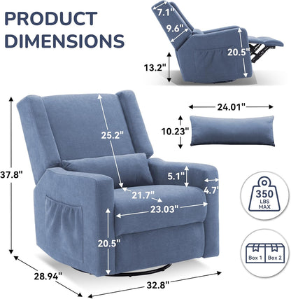 Tbfit Nursery Rocking Chair,360°Swivel Recliner Chair with Lumbar Support for Bedroom, Comfy Upholstered Armchair with Pillows & Footrest for Living Room & Baby Room