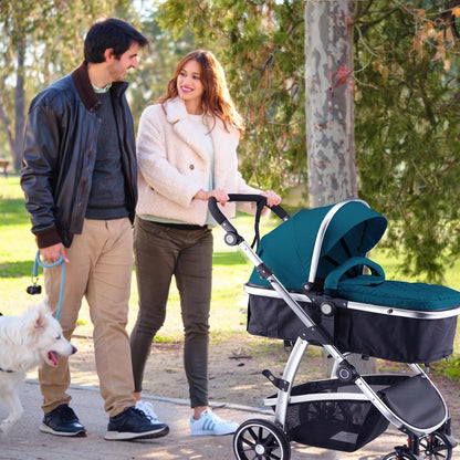 Baby Stroller, 2-in-1 Reversible Toddler Seat with Lie-Flat Mode, Foldable Infant Stroller with Canopy, One Button Brake, Adjustable Handle, Newborn Pushchair (Black B)