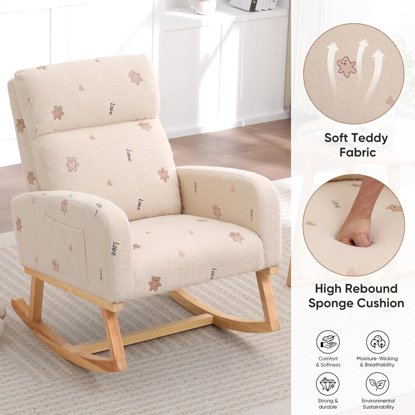 HCHAIRH Rocking Chair Nursery, Upholstered Fabricr Nursing Rocking Chairs with Soft High Back, Modern Nursery Glider Rocker for Mom Living Room, Bedroom, Camel