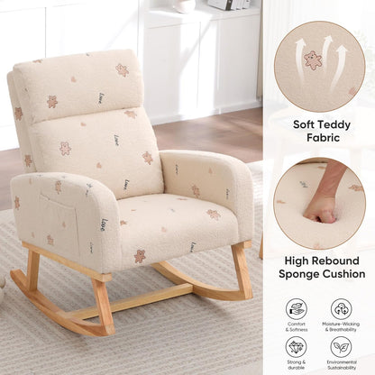 HCHAIRH Rocking Chair Nursery, Upholstered Fabricr Nursing Rocking Chairs with Soft High Back, Modern Nursery Glider Rocker for Mom Living Room, Bedroom, Camel