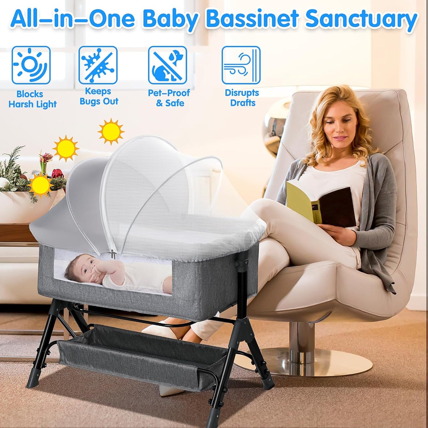 Bassinet Mosquito Net Cover - Half-Blackout Mosquito Net for Baby Crib & Bedside Sleeper, Breathable Crib net with 2-Way Zipper, Sun-Blocking Baby Mosquito Net Cover (Gray-Small)