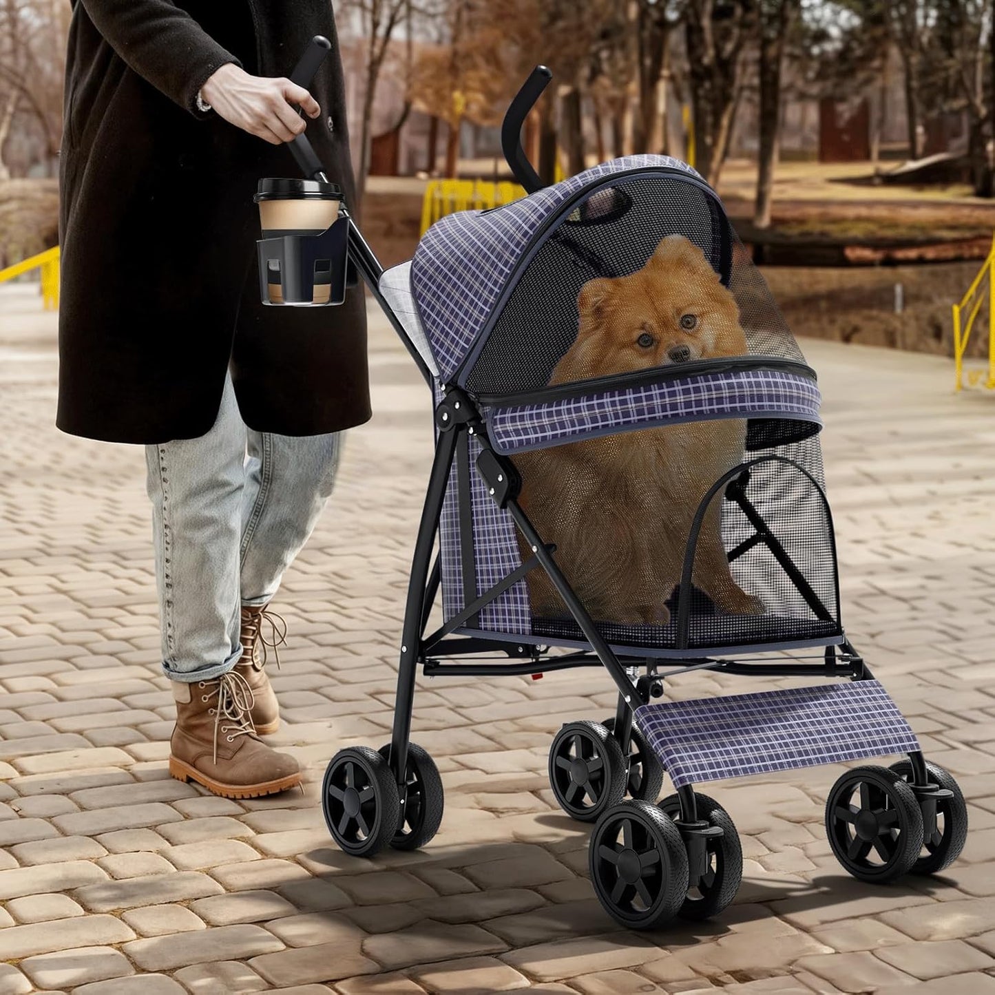 Magshion Compact Pet Stroller for Small-Medium Dogs/Cats up to 22lbs, 4-Wheel Lightweight Umbrella Shaped Portable Puppy Travel Jogger with Breathable Mesh, Cup Holder & Rear Storage, Black
