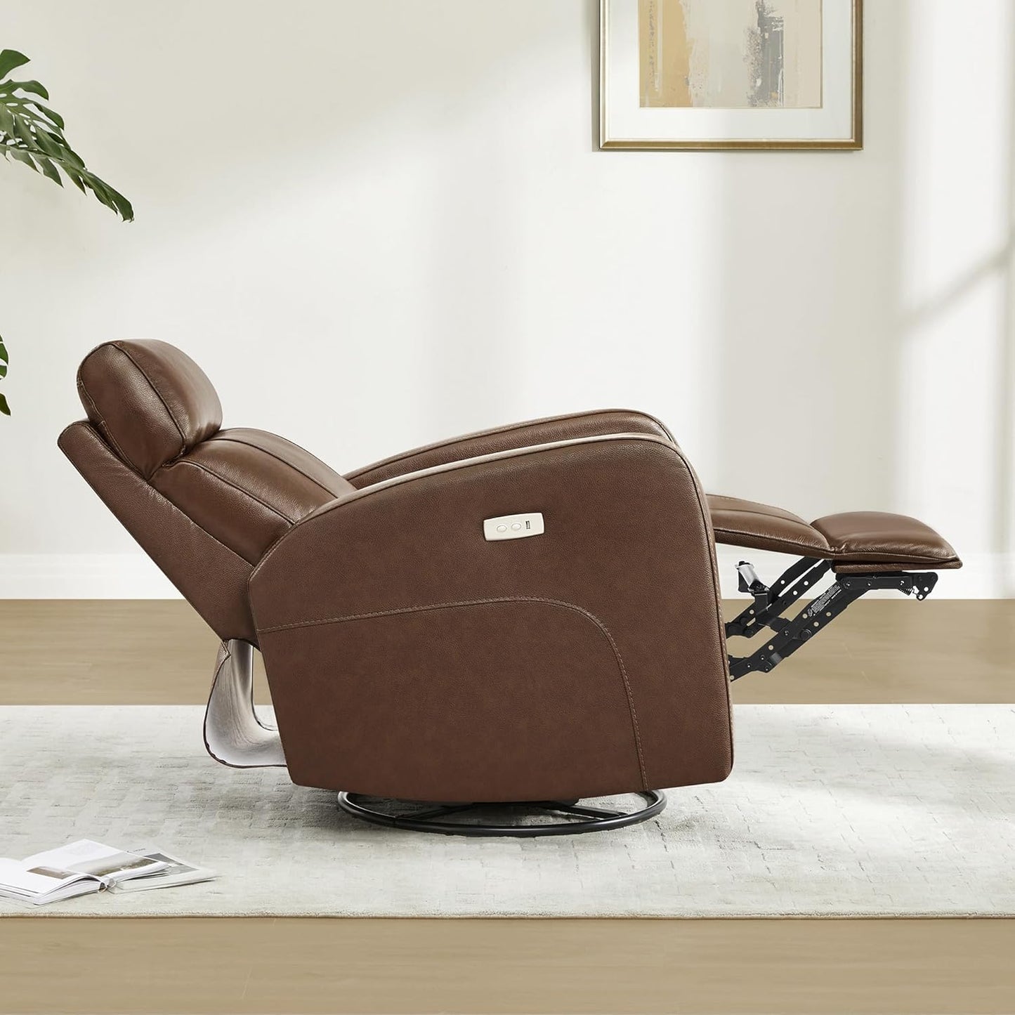 CHITA Genuine Leather Power Recliner Chair for Adults, FSC Certified Electric Nursery Swivel Glider for Living Room, Camel Brown