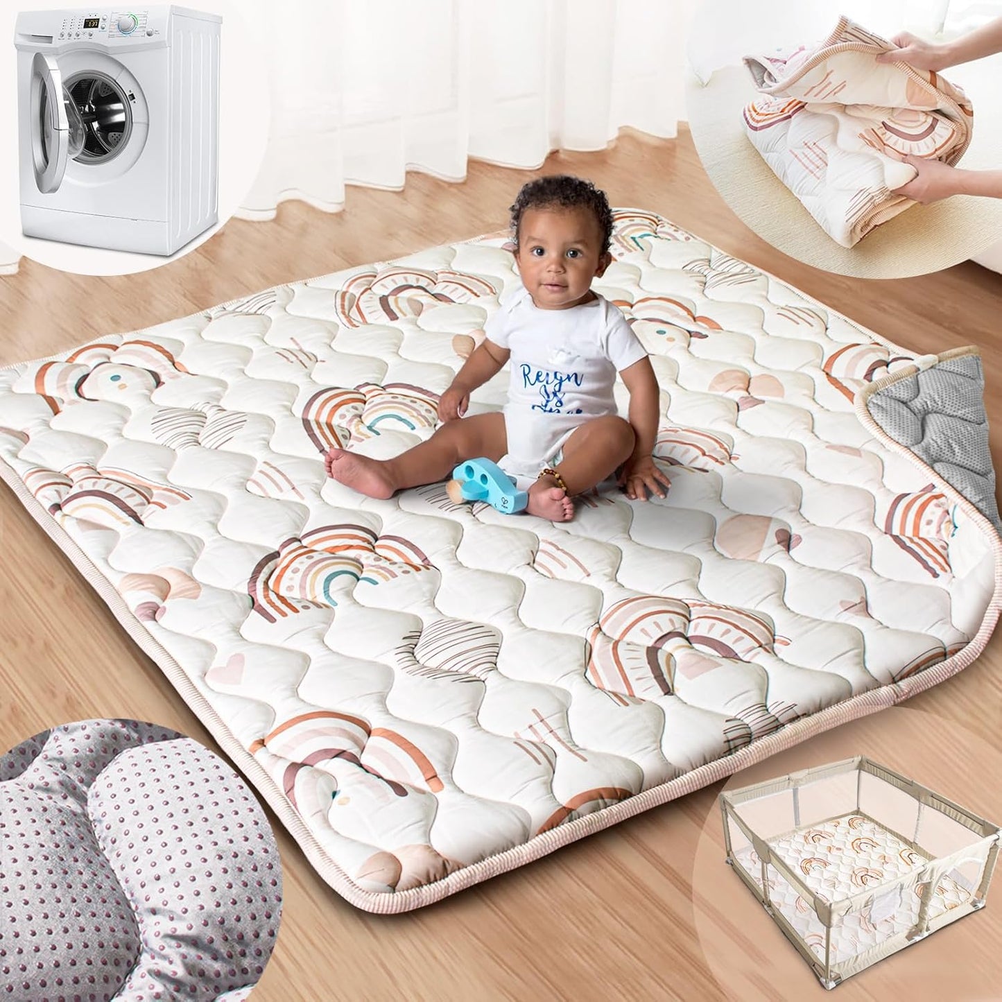 Baby Play Mat, 50x50 Playpen Mat with Super Soft Touch, Activity Mats with Upgraded Anti-Slip Bottom, Machine Washable Crawling Mats for Floor & Picnic (Animal Alphabets)