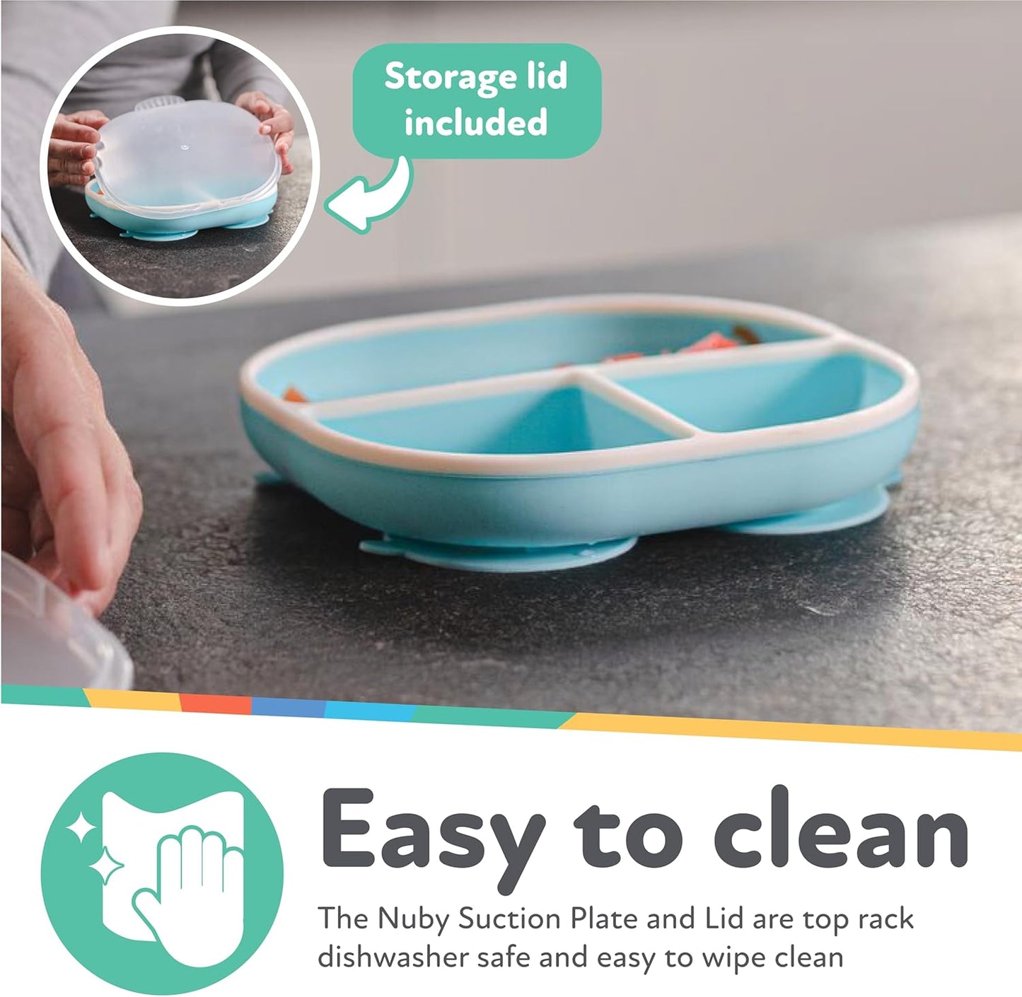 Nuby Silicone Round Suction Plate with Lid - Dishwasher-Safe Baby and Toddler Plate - 6+ Months - Aqua and Coral - Back to School Essentials