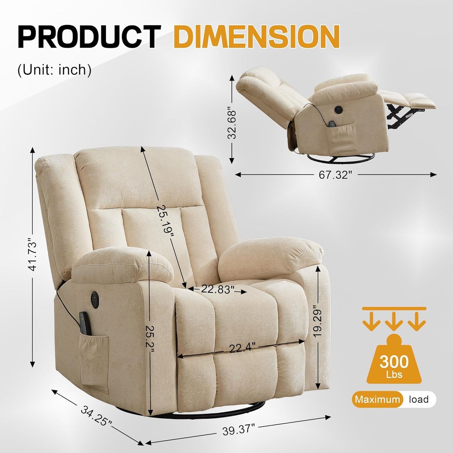 Korser Rocker Recliner, Glider Recliner Chairs for Adults, 360° Swivel Rocking Chair with Massage and Heating, Nursery Chair with Storage and USB Charging for Living Room, Bedroom, Nursery