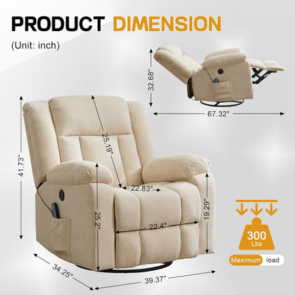 Korser Rocker Recliner, Glider Recliner Chairs for Adults, 360° Swivel Rocking Chair with Massage and Heating, Nursery Chair with Storage and USB Charging for Living Room, Bedroom, Nursery