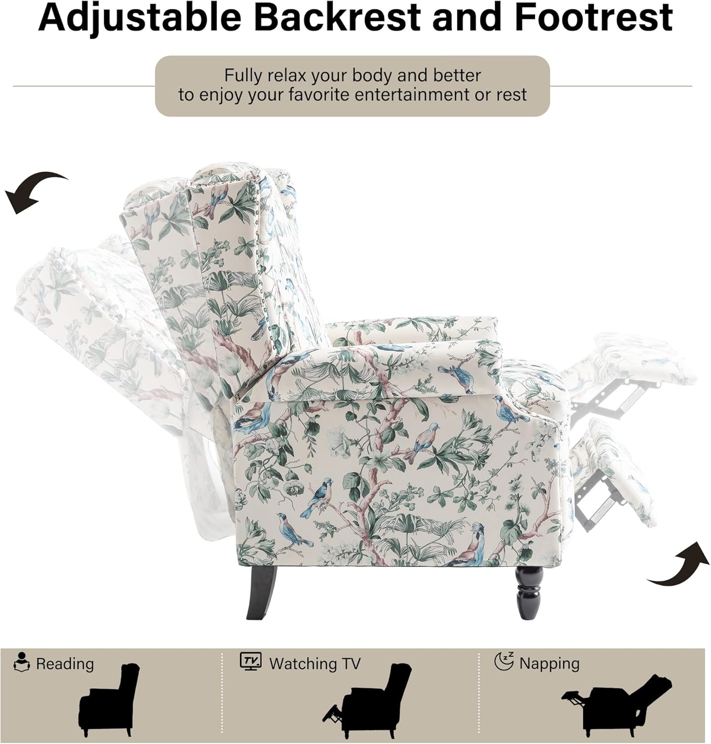 Swivel Rocker Recliner Chair, Manual Nursery Glider Recliner, Floral Fabric Wingback Accent Chair with Adjustable Backrest & Footrest for Small Spaces Living Room Bedroom (Plants Floral, Set of 1)