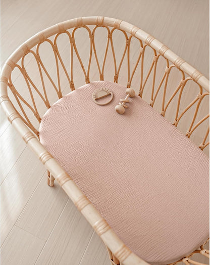 Konssy Muslin Fitted Bassinet Sheets 2 Pack for Baby Girl Boy, Soft Bedside Sleeper Bassinet Sheets Fit for Baby Bassinets, Moses Basket Oval Rectangle Pad/Mattress