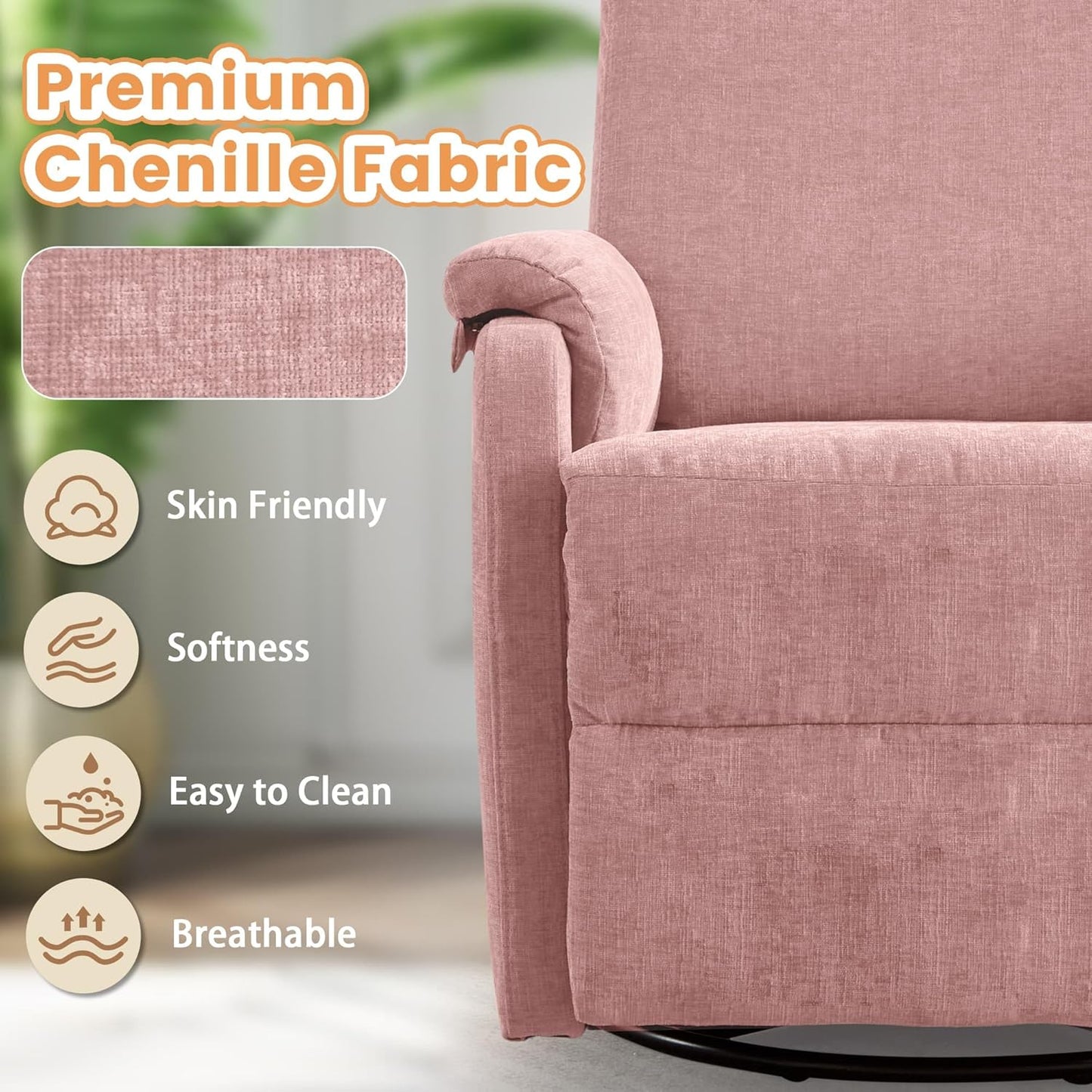 Korser Recliner Chair, Swivel Rocking Recliner Chair for Adults, Glider Rocking Chair, Small Nursery Chair Recliner for Living Room, Reclining Chair with Modern-Designed Armrests, Chenille, Beige