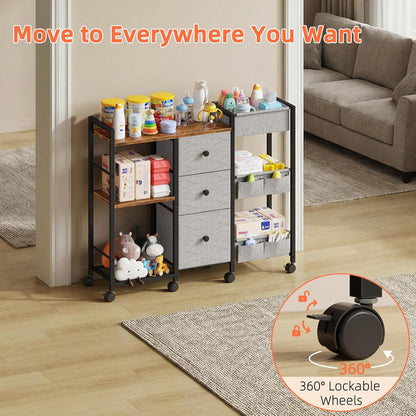 GYIIYUO Diaper Caddy Cart with Storage Fabric Drawers/Open Shelves, Baby Caddy Organizer, 3-Tier Rolling Utility Cart on Wheels for baby nursery essentials,bedside,makeup(Rustic Brown)