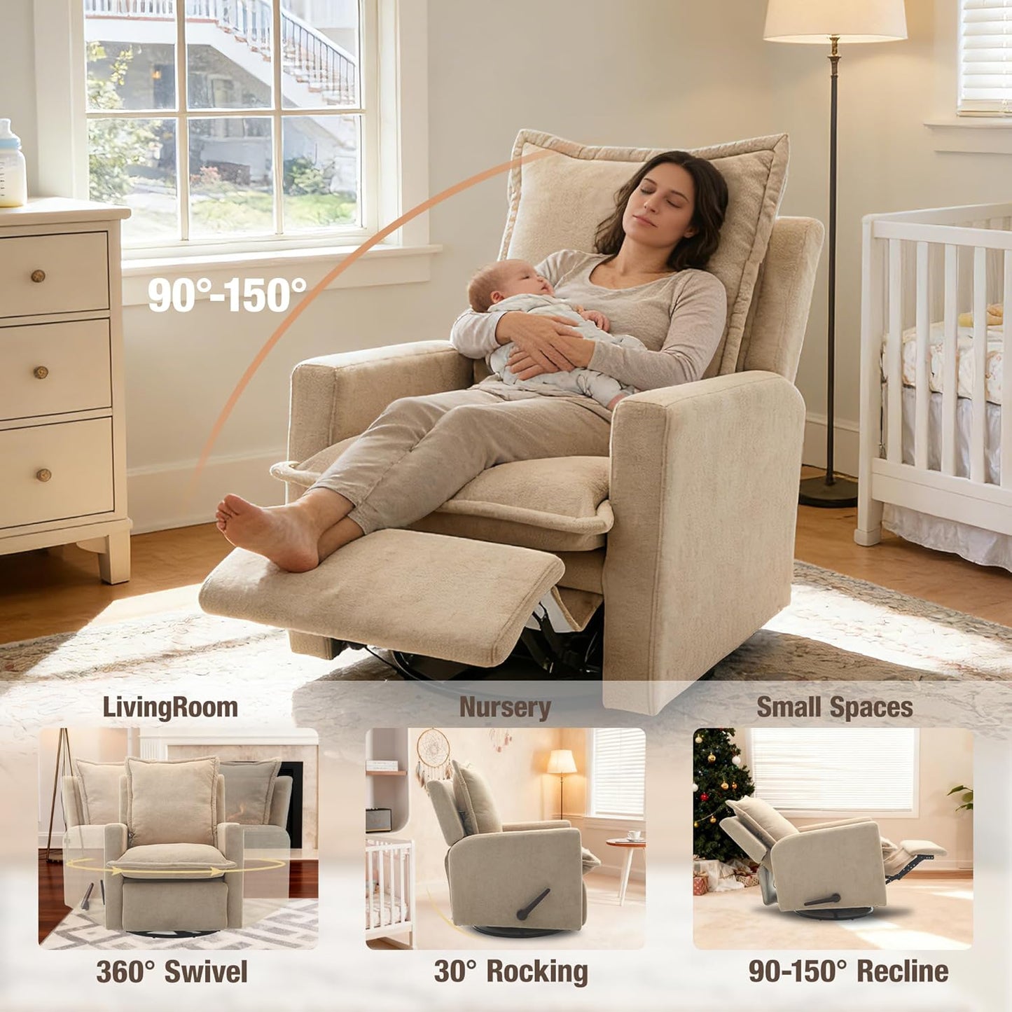 Euthymia Swivel Rocking Chair Nursery, High Back Glider Rocker Recliner Chair for Small Spaces, Manual Reclining Sofa for Living Room, Bedroom, Beige
