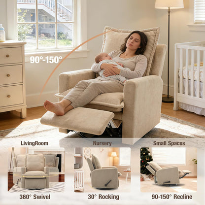Euthymia Swivel Rocking Chair Nursery, High Back Glider Rocker Recliner Chair for Small Spaces, Manual Reclining Sofa for Living Room, Bedroom, Beige