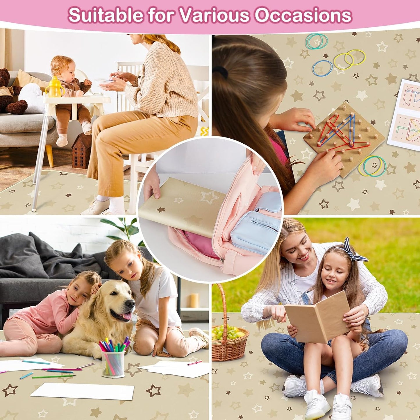 Basumee Splat Mat High Chair Mat Waterproof Baby Play Splat Mat for Under High Chair Food Catcher Highchair Mat for Floor Non Slip Bottom, Pink Rainbow, 46x42 Inches