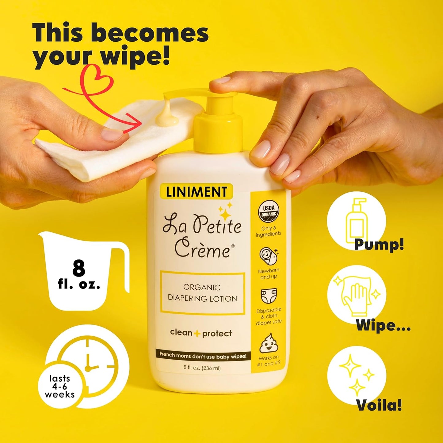 La Petite Creme French Premium Liniment Baby Lotion - Diaper Cream Alternative to Wet Wipes - Gentle Moisturizer & Skin Cleanser, USDA Certified Organic Ingredients - Newborn Essentials (8 oz)