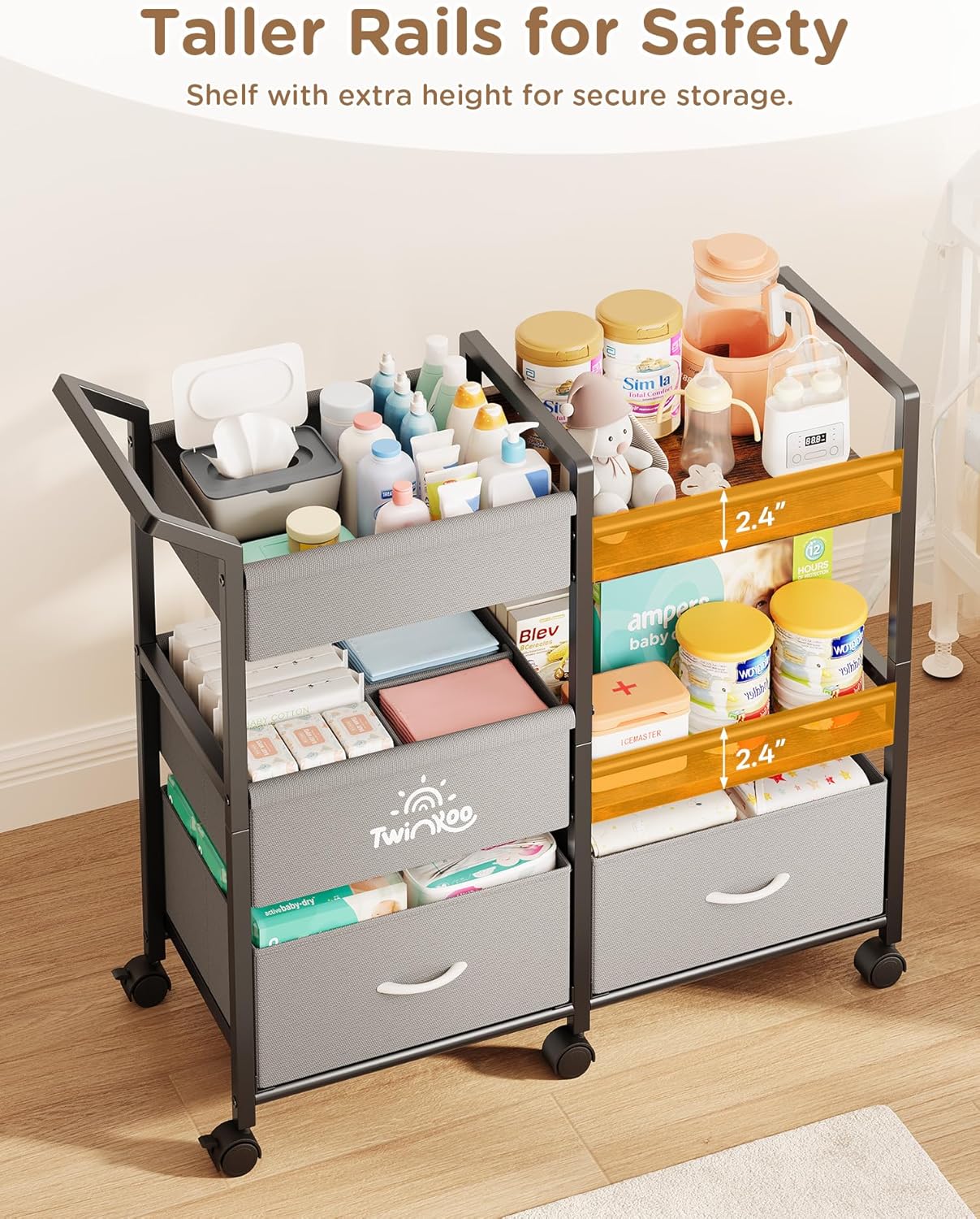 Twinkoo 2-in-1 Baby Diaper Caddy Organizer, 3 Tier Rolling Storage Cart with Dividers and Drawers, Baby Essentials for Nursery Storage, Mobile Utility Cart with Wheels Large Capacity Easy to Assemble