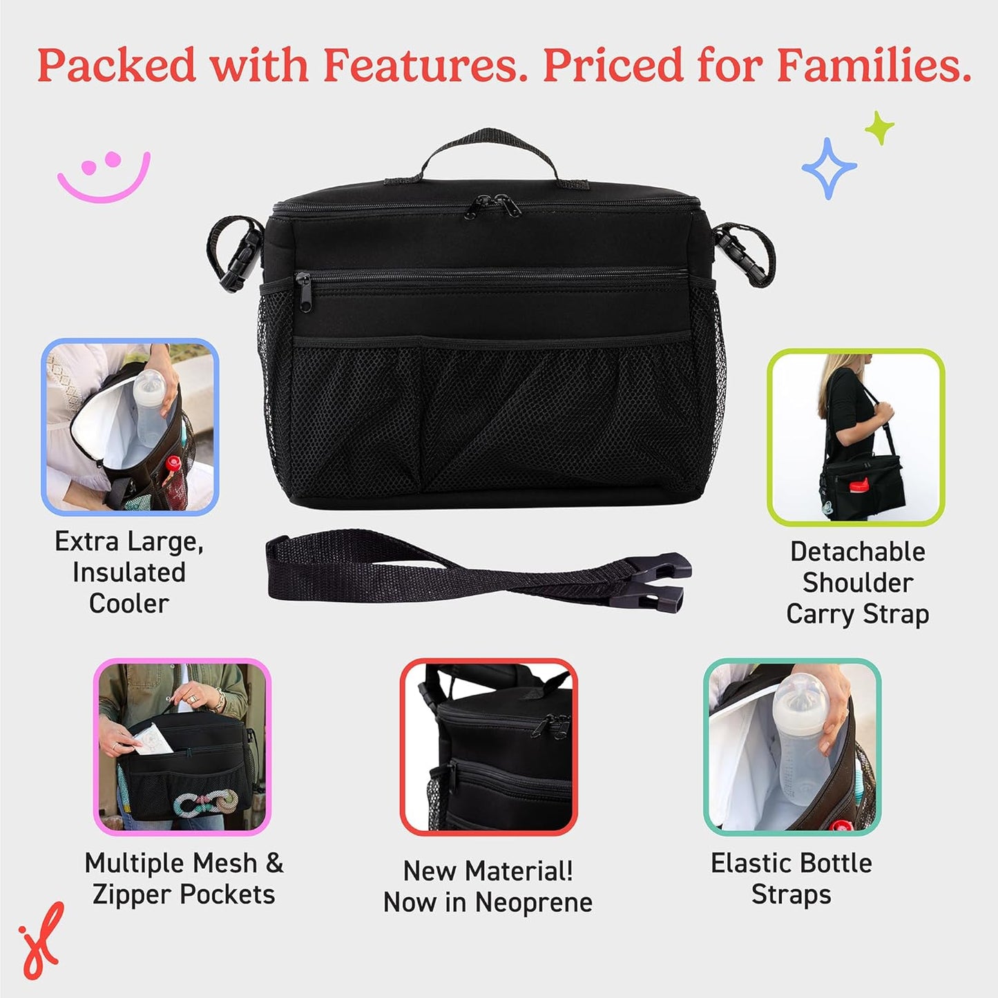 J.L. Childress Cool 'N Cargo Stroller and Wagon Cooler and Organizer - Universal Fit - Insulated - Attaches to Strollers, Wagons, Walkers and Wheelchairs - Large Capacity - Black