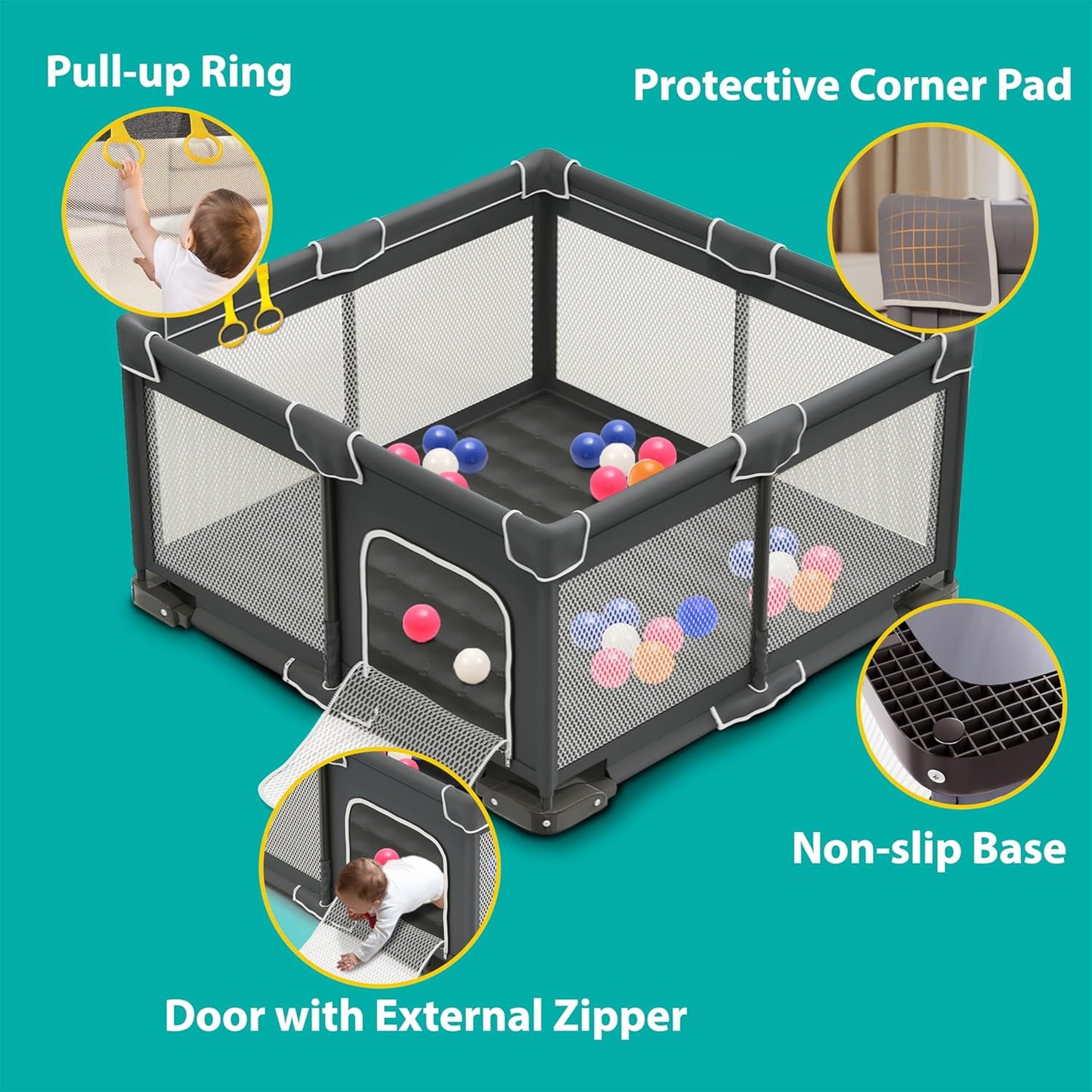 ICAREWAY Foldable Playpen for Babies and Toddlers, 50x50 Inches Portable Playpen, Kids Collapsible Play Pen with 2 Handlers, Indoor & Outdoor Baby Fence Play Area with Visible Mesh, Dark Gray