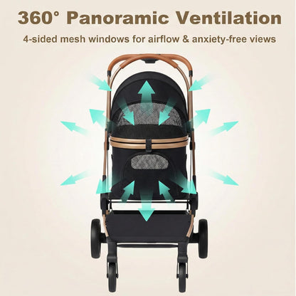 Premium Dog Stroller for Small & Medium Dogs, 6 in 1 Luxury Foldable Pet Stroller with Detachable Carrier, Travel Cat Stroller with 360° Rotating Wheels, Detachable Pet Car Seat, Black